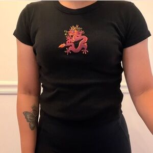 Brandy Melville Black Baby Tee with Red Dragon Embroidery
